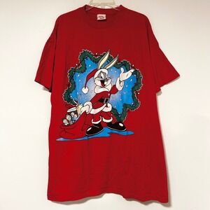 Vintage 1995 Bugs Bunny Santa Christmas T-Shirt Sleepy Heads Red Looney Tunes OS